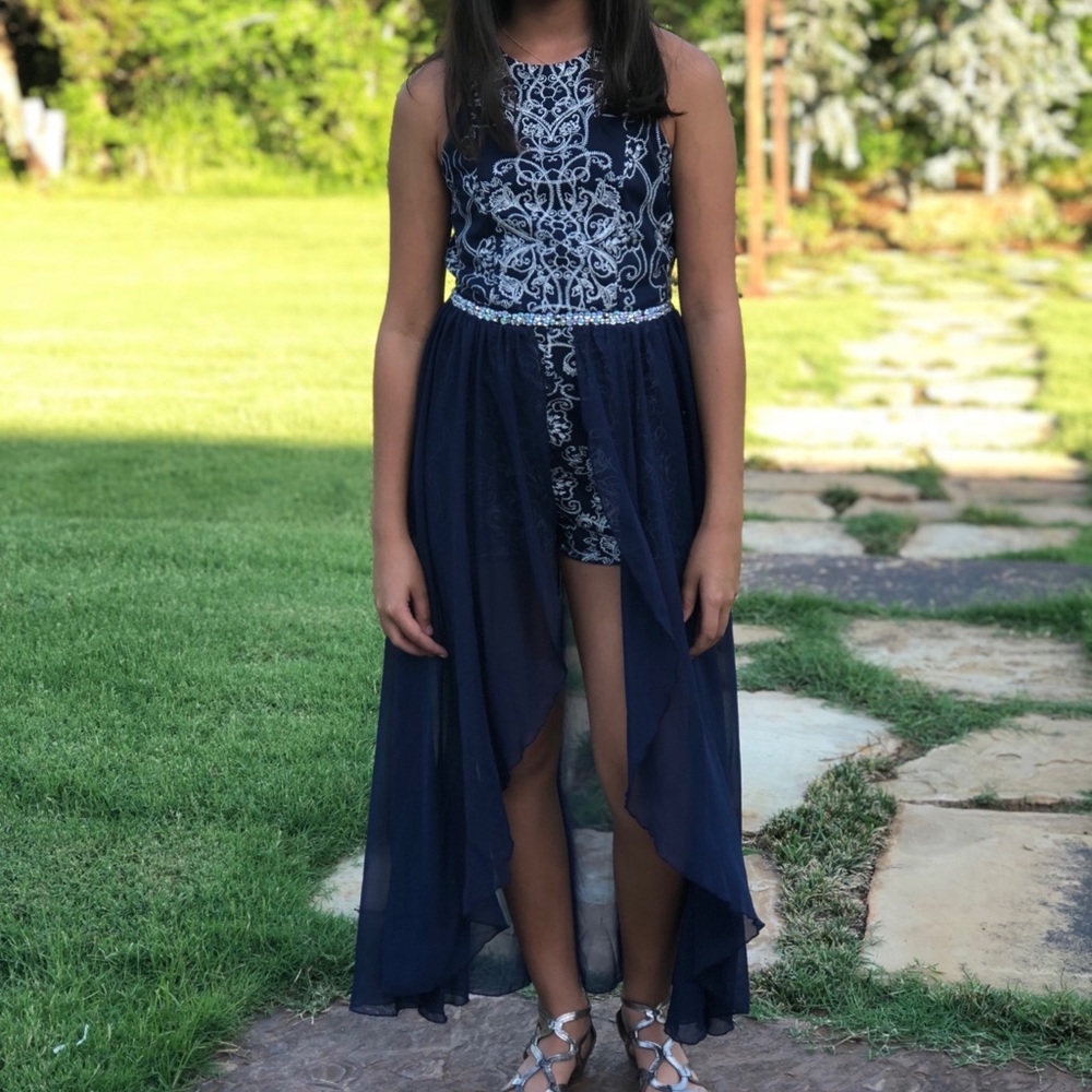 Speechless Navy and Silver high low short suit